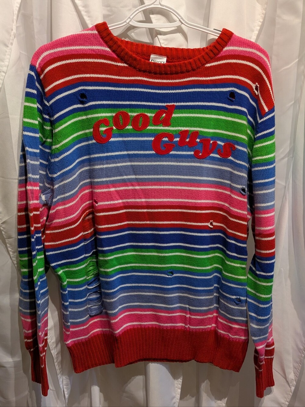 14 Spirit Halloween Chucky Good Guys Distressed Knit Sweater Adult XXL